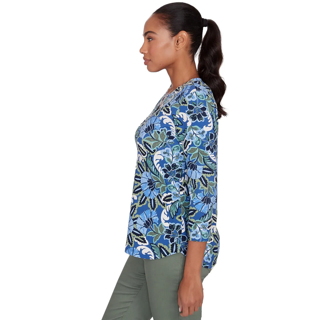 Women's Embellished Split Neck Floral Print Top - 33551