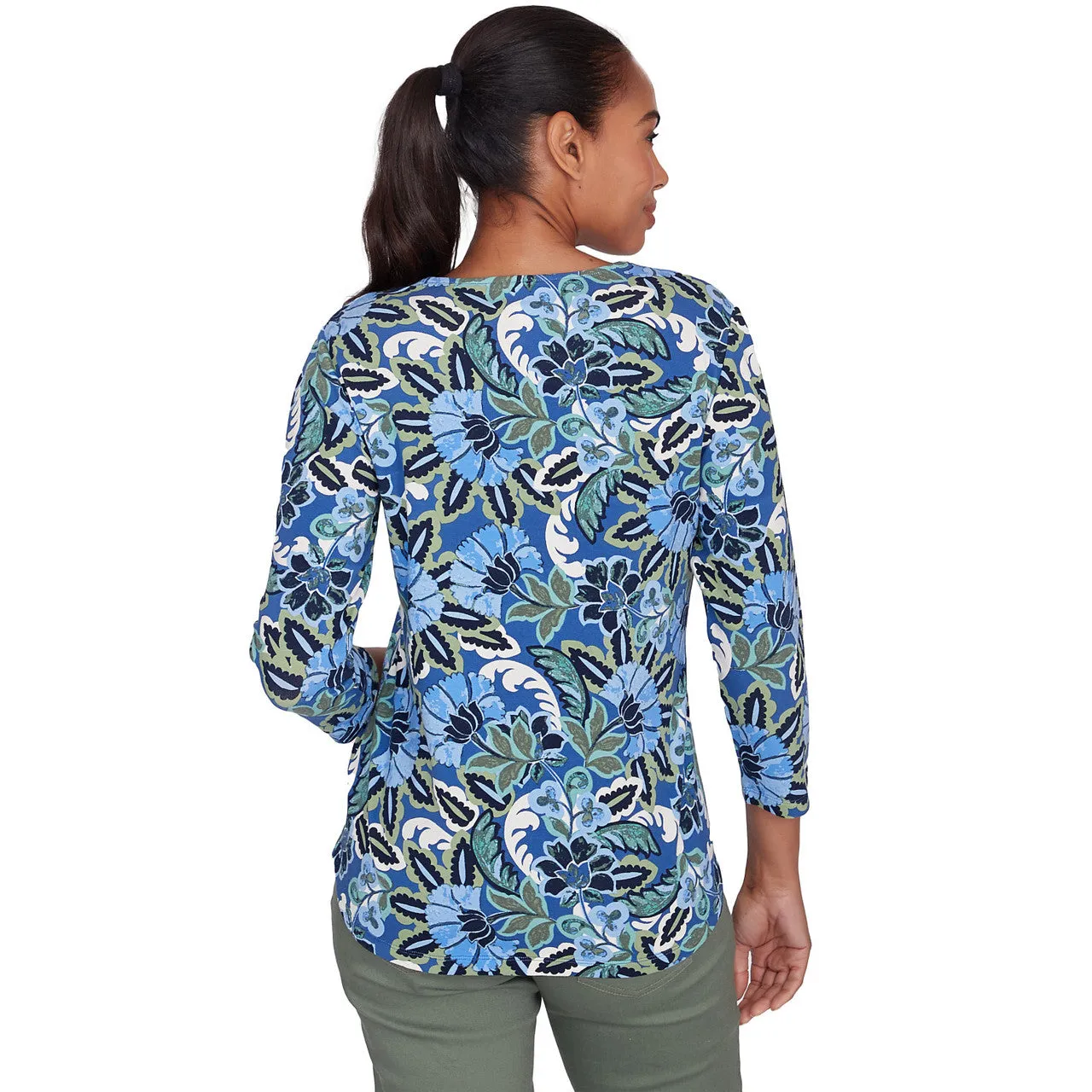 Women's Embellished Split Neck Floral Print Top - 33551