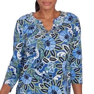 Women's Embellished Split Neck Floral Print Top - 33551