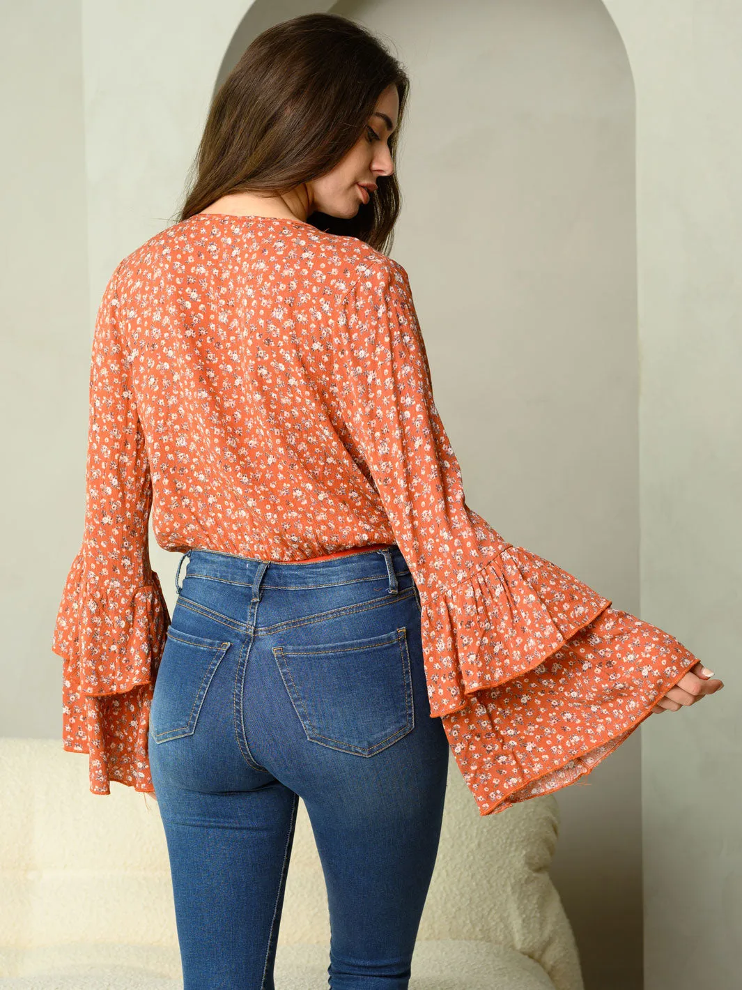 WOMEN'S FLORAL PRINT LONG SLEEVE BODYSUIT
