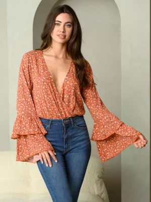 WOMEN'S FLORAL PRINT LONG SLEEVE BODYSUIT