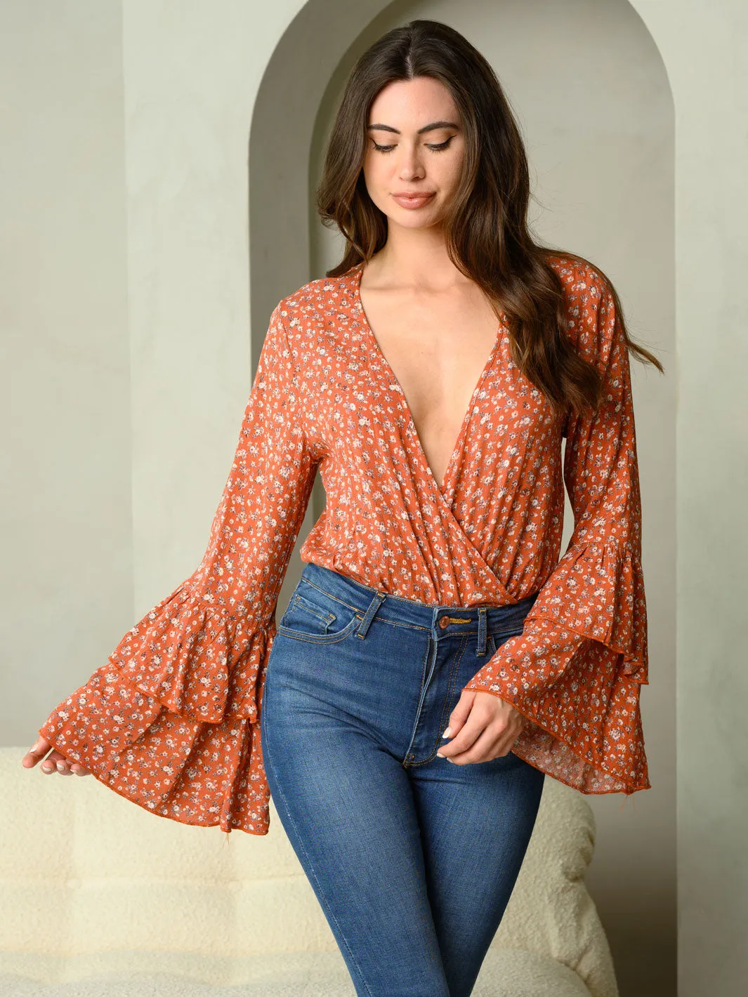 WOMEN'S FLORAL PRINT LONG SLEEVE BODYSUIT