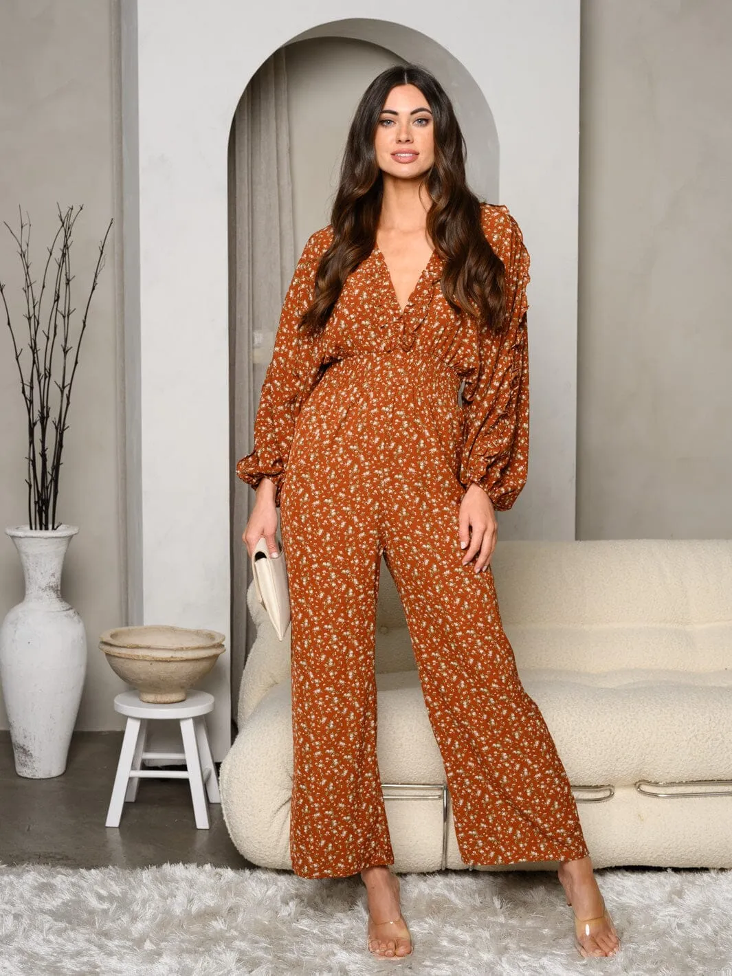 WOMEN'S LONG SLEEVE V-NECK FLORAL JUMPSUIT
