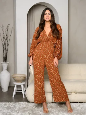 WOMEN'S LONG SLEEVE V-NECK FLORAL JUMPSUIT