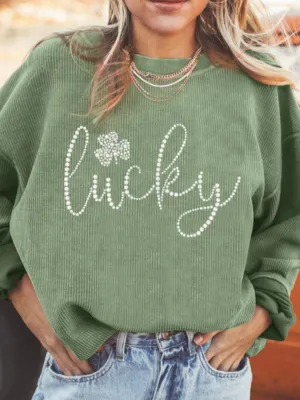Women's Lucky Rhinestone Embellished Round Neck Long Sleeve Sweatshirt | Comfortable and Stylish Polyester Top