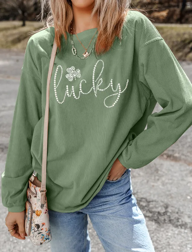 Women's Lucky Rhinestone Embellished Round Neck Long Sleeve Sweatshirt | Comfortable and Stylish Polyester Top