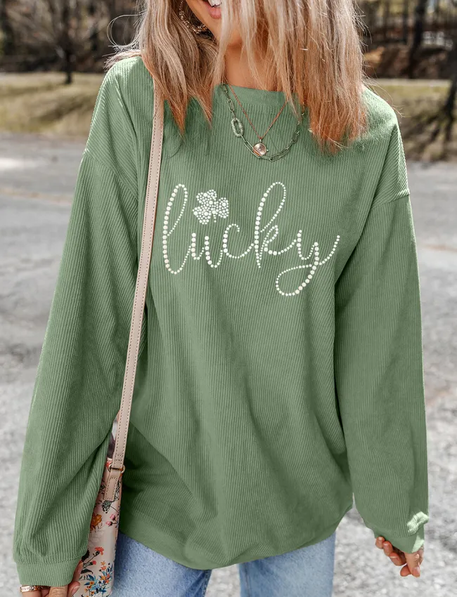 Women's Lucky Rhinestone Embellished Round Neck Long Sleeve Sweatshirt | Comfortable and Stylish Polyester Top