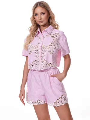 WOMEN'S SHORT SLEEVE BLOUSE & ELASTIC WAIST SHORT STUDS EYELET 2PC SET