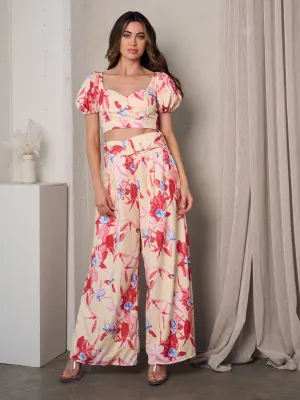 WOMEN'S SHORT SLEEVE CROP TOP & PANTS FLORAL SET
