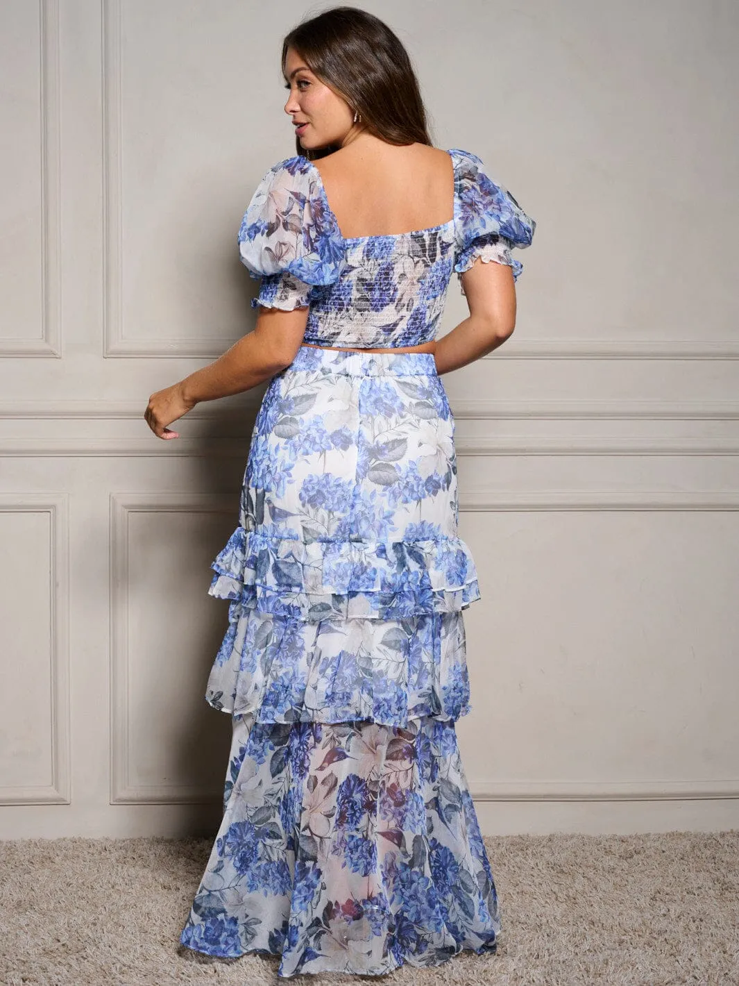 WOMEN'S SHORT SLEEVE CROP TOP & RUFFLE SKIRT FLORAL 2PC. SET