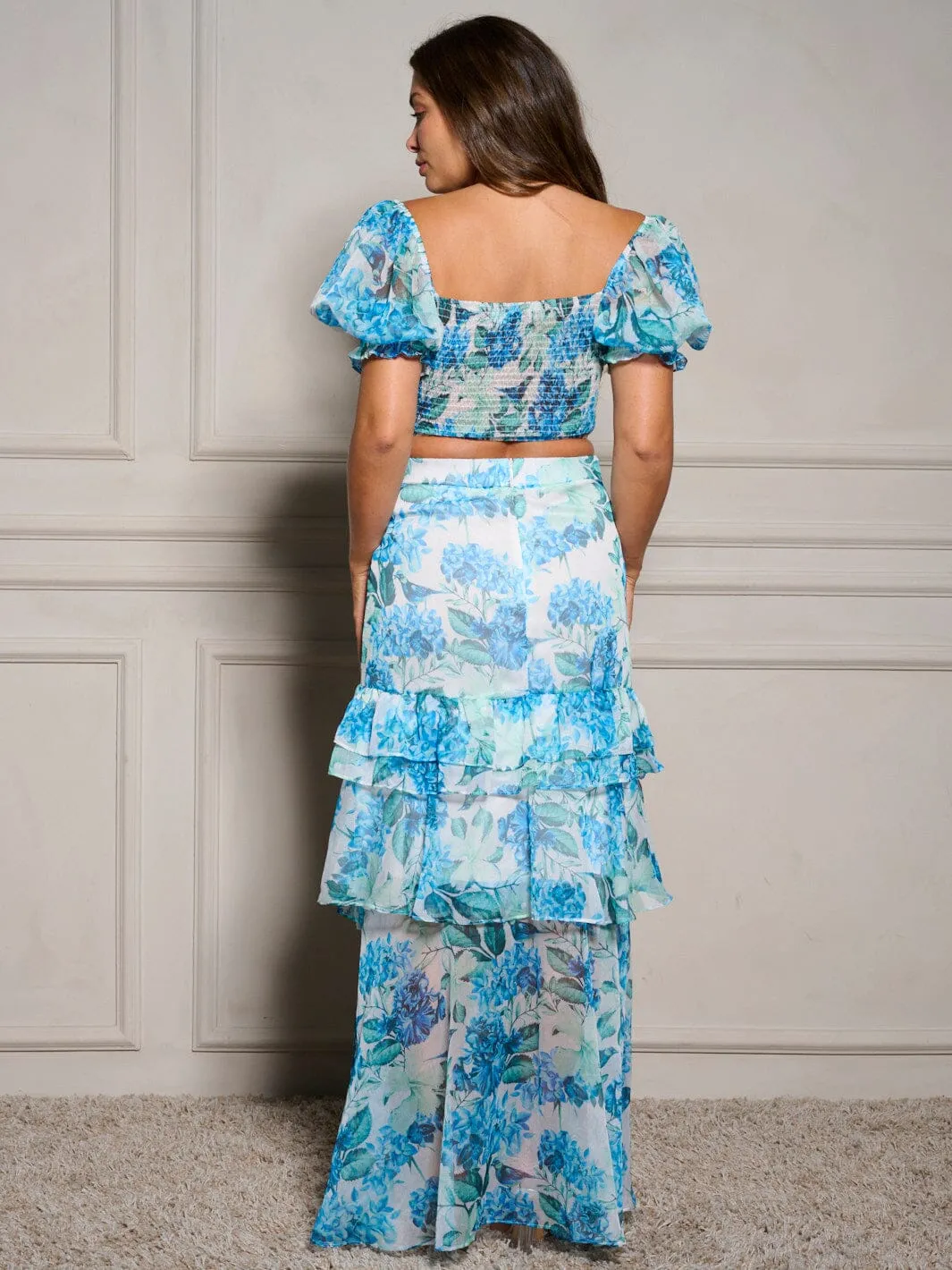 WOMEN'S SHORT SLEEVE CROP TOP & RUFFLE SKIRT FLORAL 2PC. SET