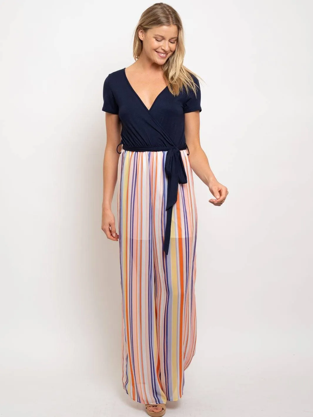 WOMEN'S SHORT SLEEVE MULTI STRIPE JUMPSUIT