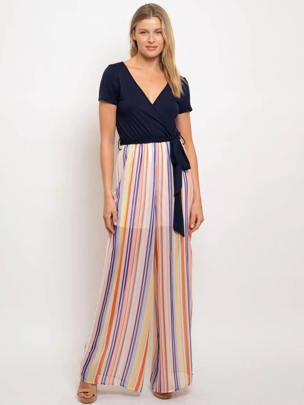 WOMEN'S SHORT SLEEVE MULTI STRIPE JUMPSUIT