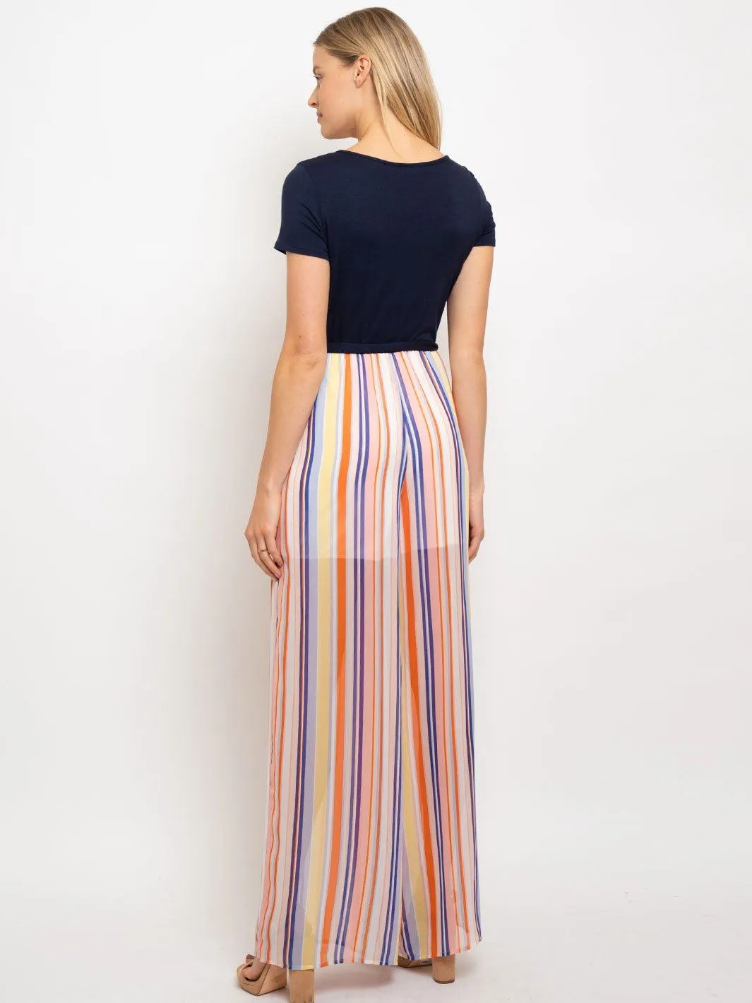 WOMEN'S SHORT SLEEVE MULTI STRIPE JUMPSUIT
