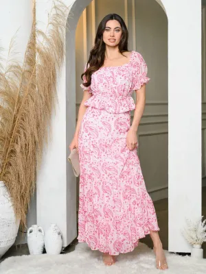 WOMEN'S SHORT SLEEVE PEPLUM TOP & TIERED MAXI SKIRT PAISLEY SET