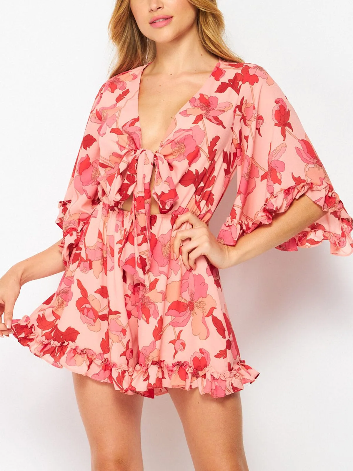 WOMEN'S SHORT SLEEVE V-NECK CUT OUT FLORAL ROMPER
