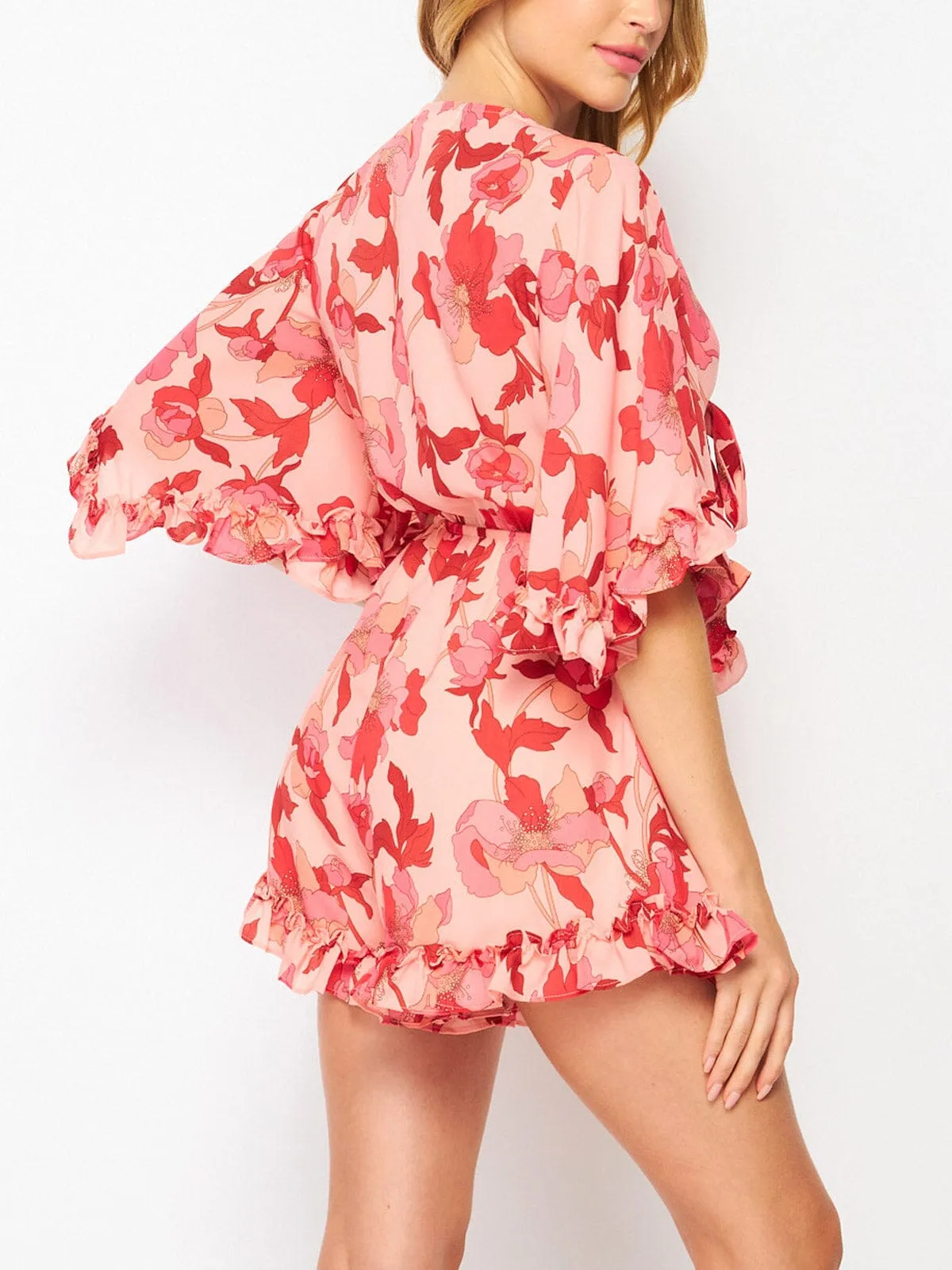 WOMEN'S SHORT SLEEVE V-NECK CUT OUT FLORAL ROMPER