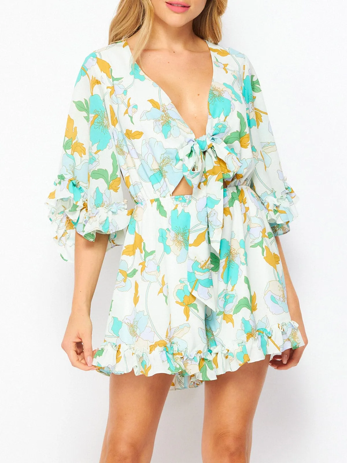 WOMEN'S SHORT SLEEVE V-NECK CUT OUT FLORAL ROMPER