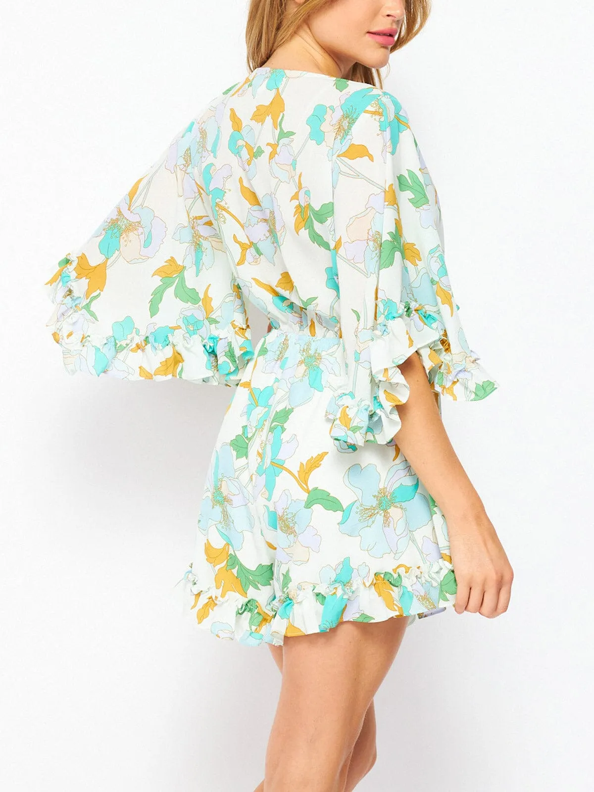 WOMEN'S SHORT SLEEVE V-NECK CUT OUT FLORAL ROMPER