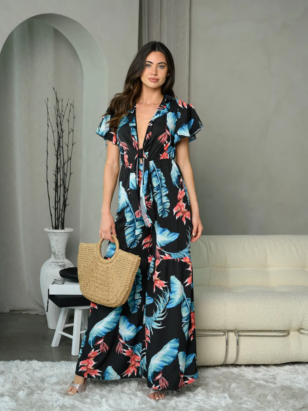 WOMEN'S SHORT SLEEVE V-NECK FLORAL JUMPSUIT