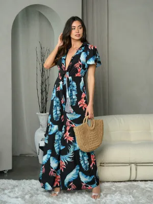 WOMEN'S SHORT SLEEVE V-NECK FLORAL JUMPSUIT