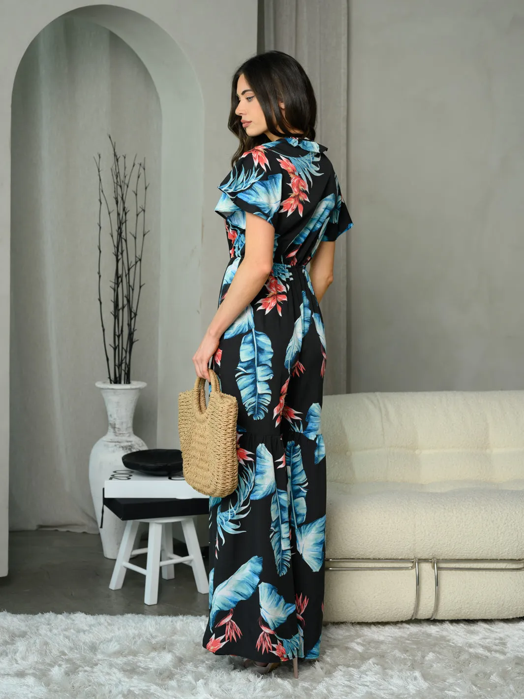 WOMEN'S SHORT SLEEVE V-NECK FLORAL JUMPSUIT
