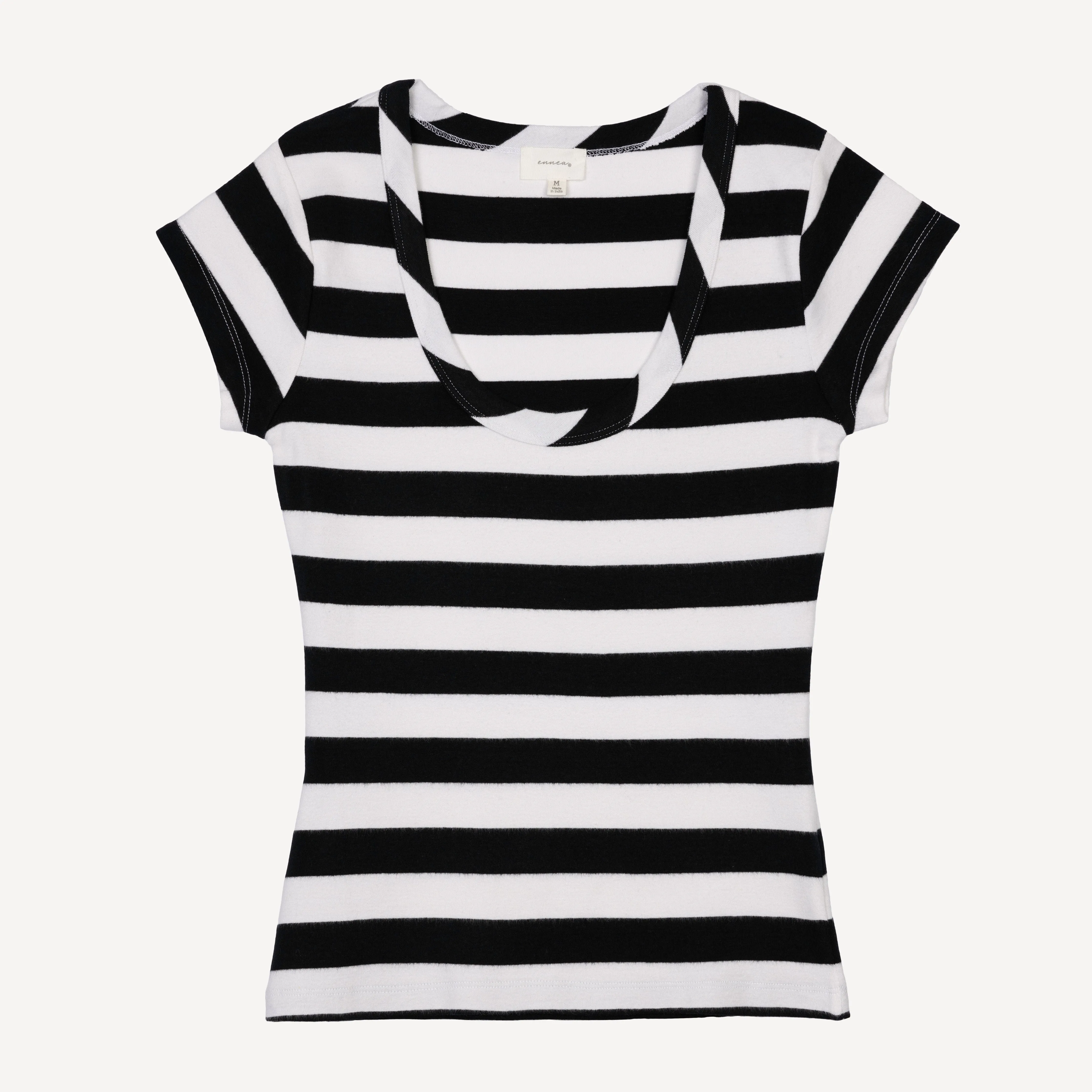 Womens Stripe Scoop Neck Cap Sleeve Tee - Black / White