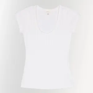 Womens Variegated Ribbed Cap Sleeve U-neck Tee - White