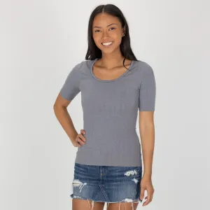 Womens Variegated Ribbed Elbow Sleeve U-neck Tee - Quicksilver