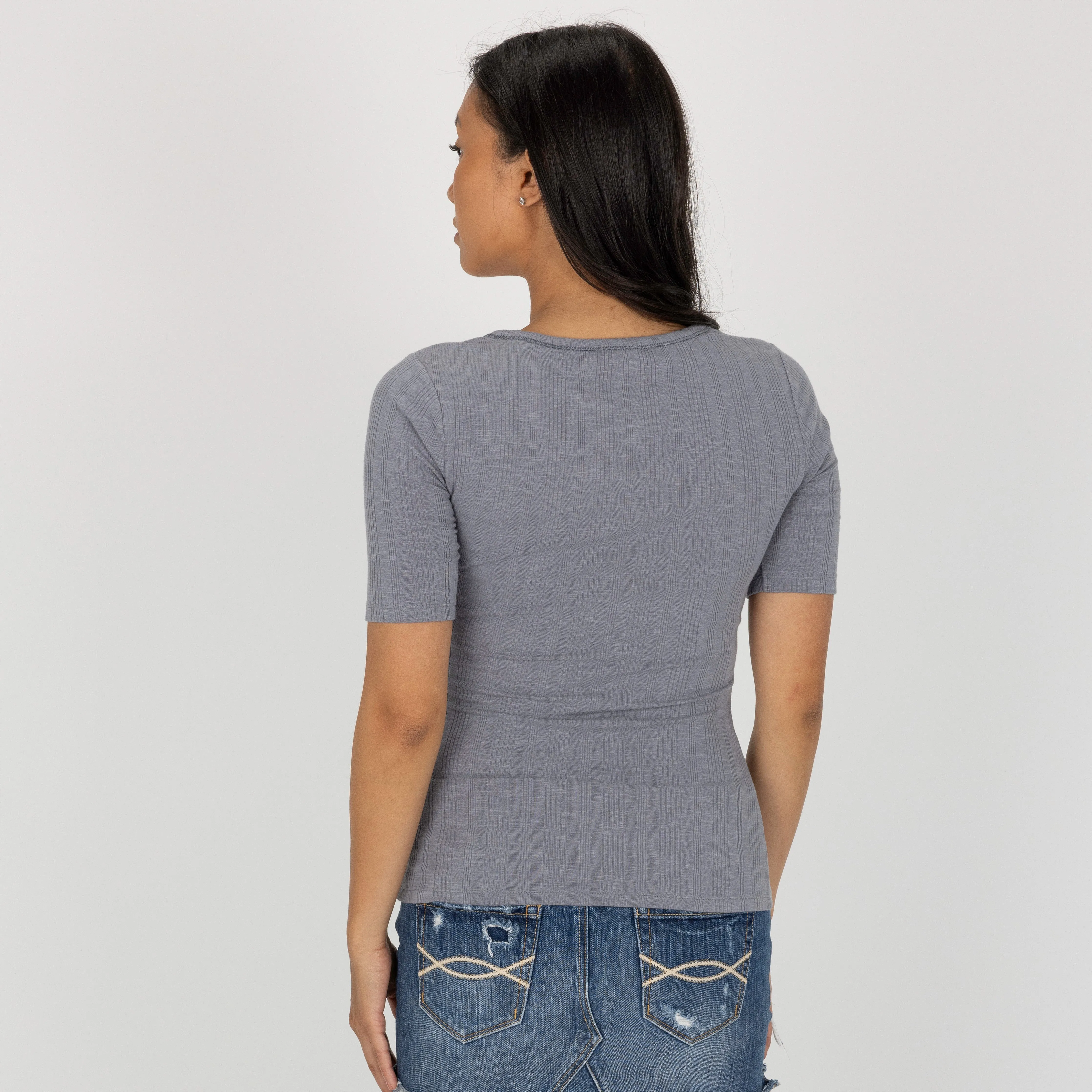 Womens Variegated Ribbed Elbow Sleeve U-neck Tee - Quicksilver
