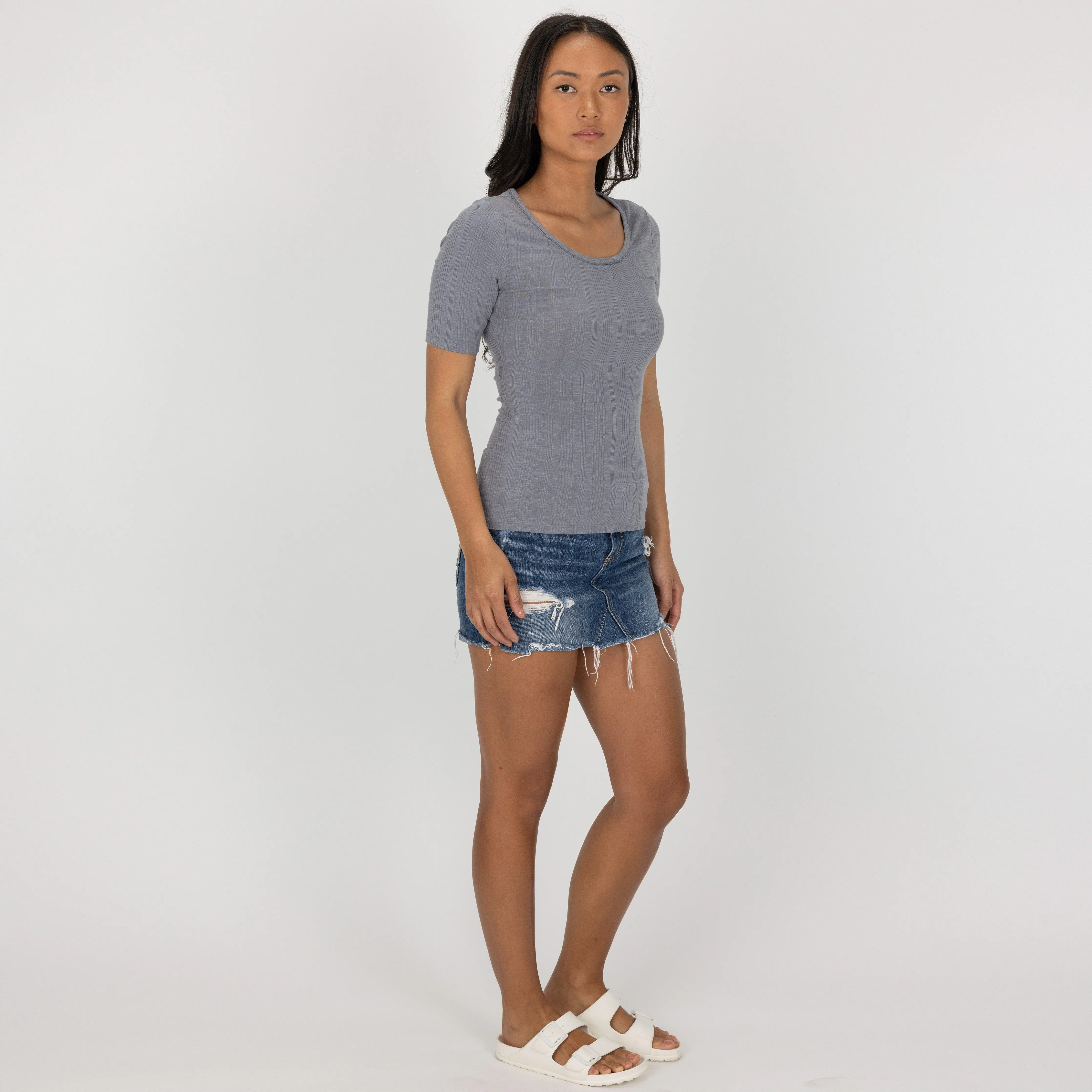 Womens Variegated Ribbed Elbow Sleeve U-neck Tee - Quicksilver