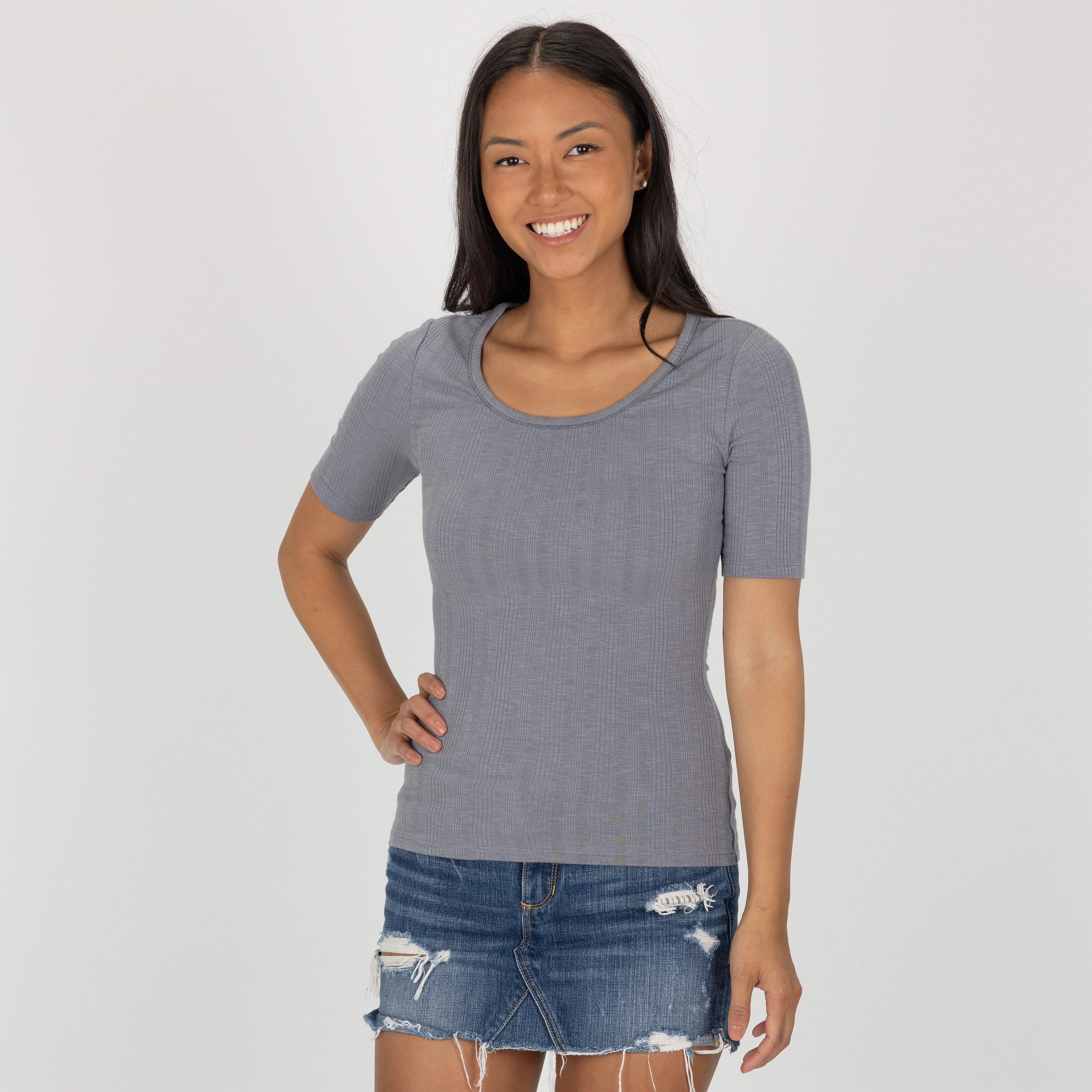 Womens Variegated Ribbed Elbow Sleeve U-neck Tee - Quicksilver