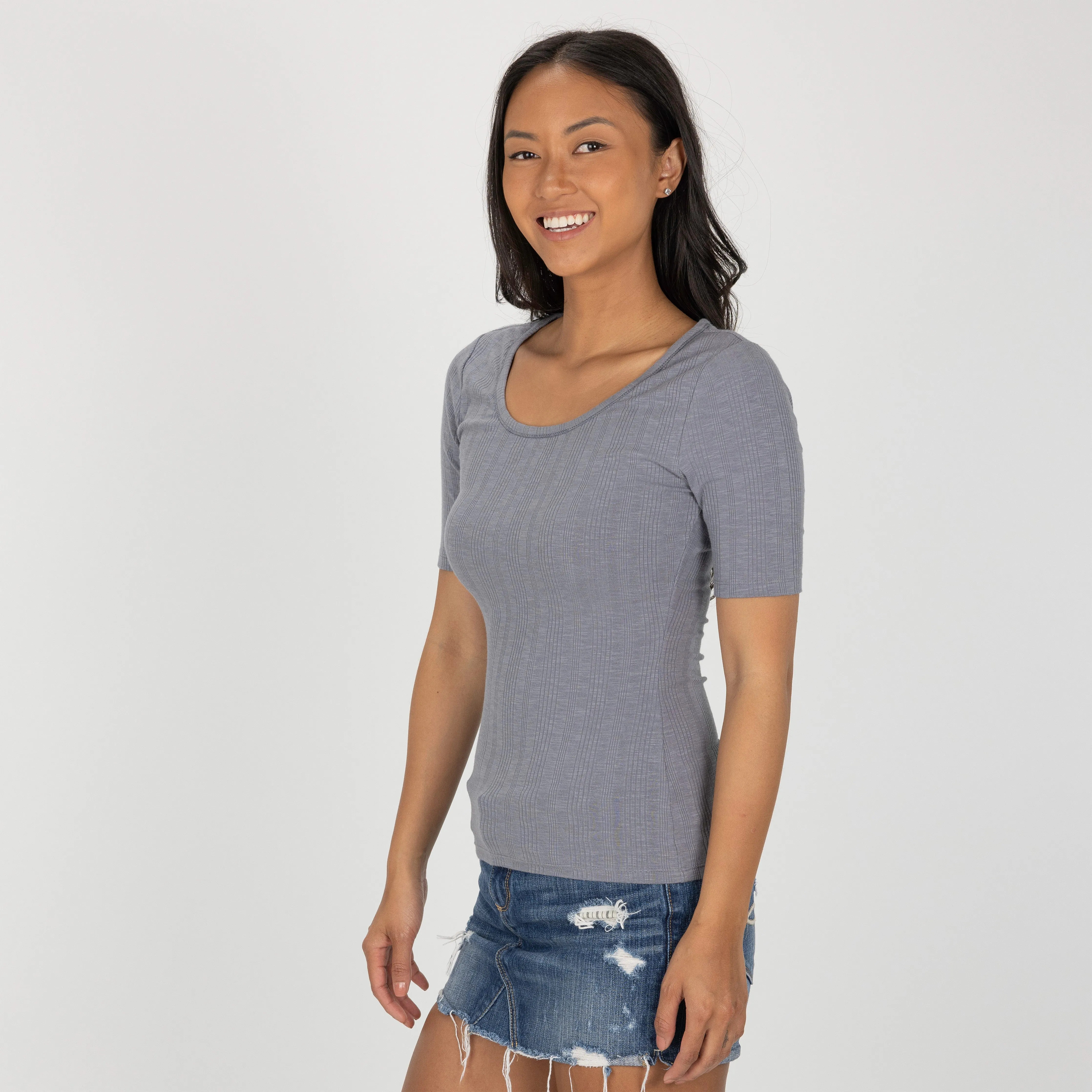 Womens Variegated Ribbed Elbow Sleeve U-neck Tee - Quicksilver