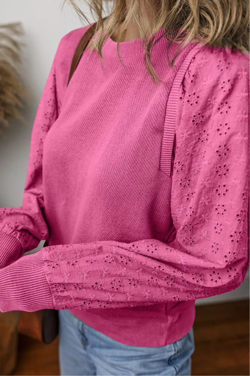 Wren Eyelet Round Neck Long Sleeve Pullover