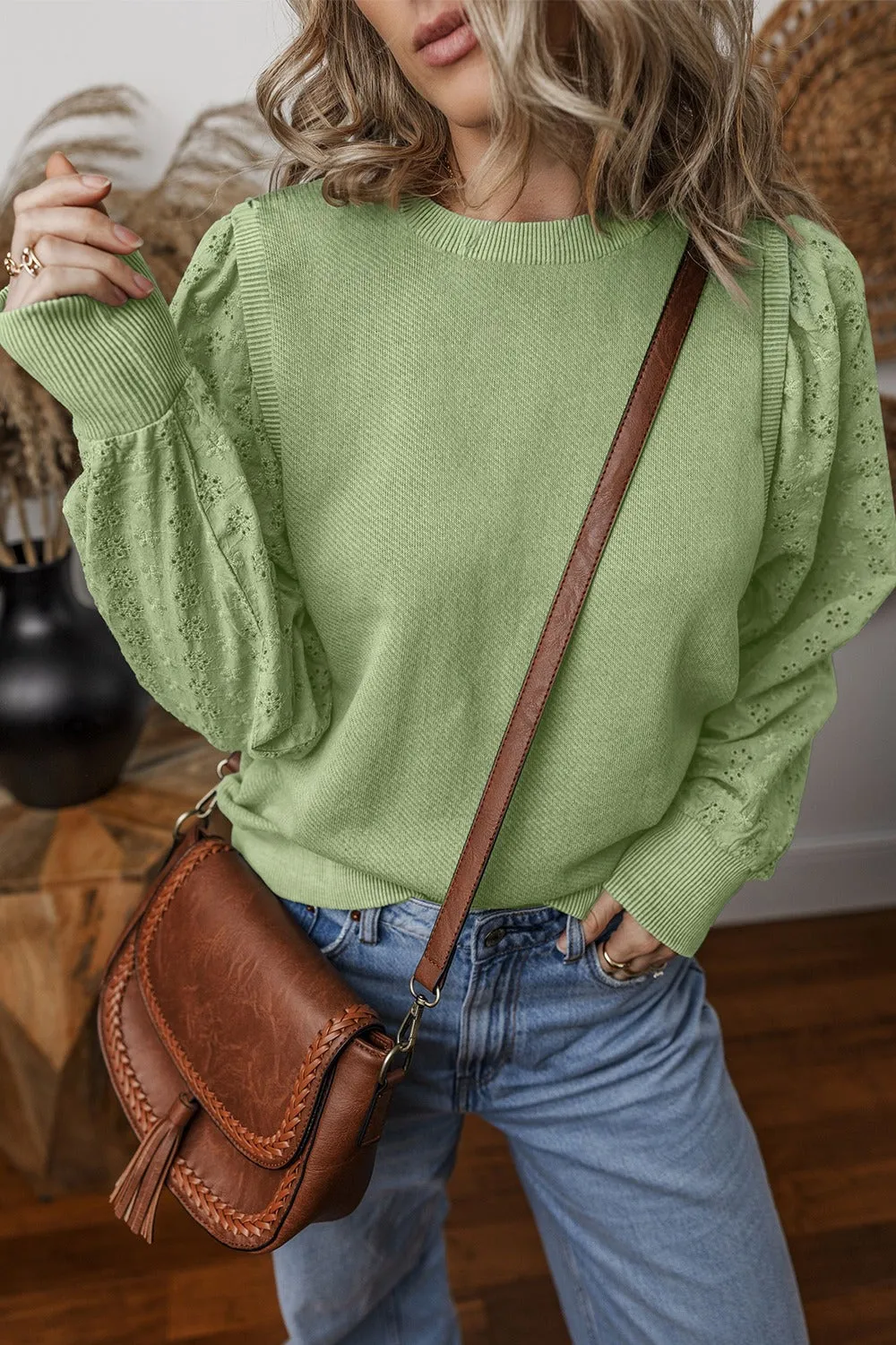 Wren Eyelet Round Neck Long Sleeve Pullover