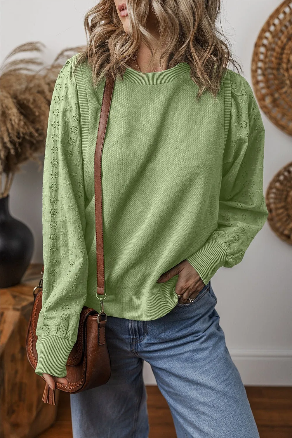 Wren Eyelet Round Neck Long Sleeve Pullover