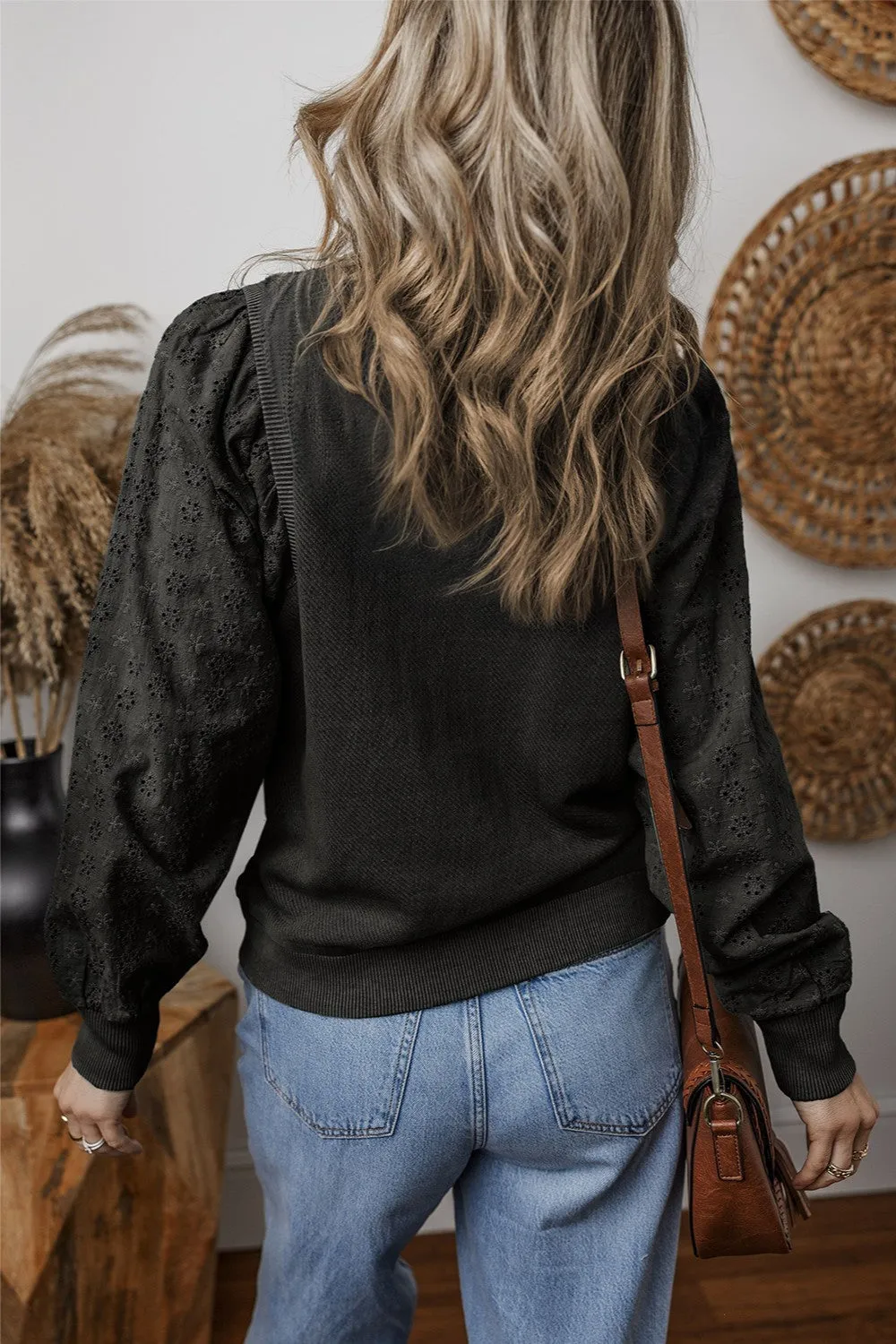 Wren Eyelet Round Neck Long Sleeve Pullover