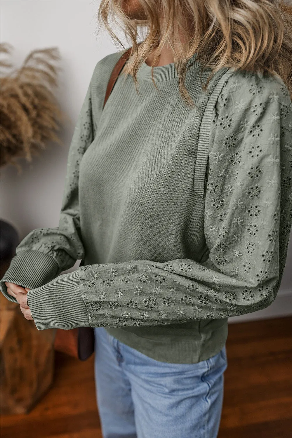 Wren Eyelet Round Neck Long Sleeve Pullover