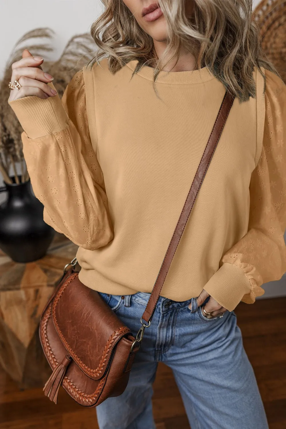 Wren Eyelet Round Neck Long Sleeve Pullover