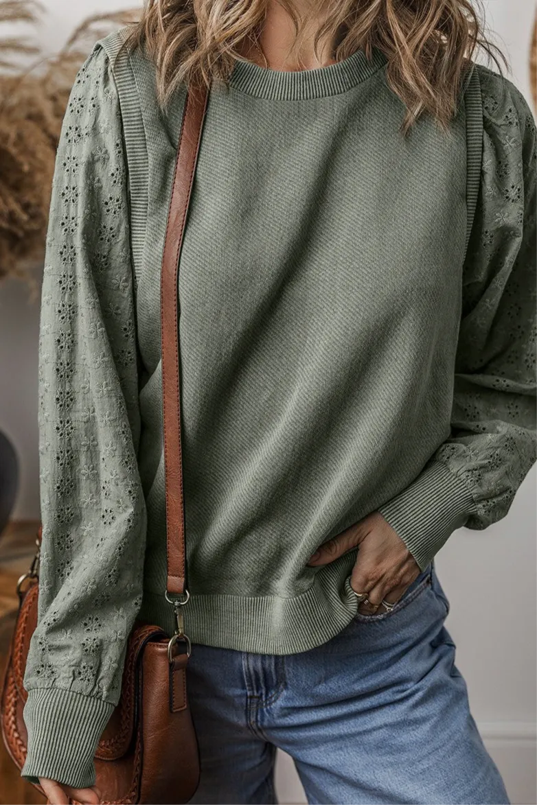 Wren Eyelet Round Neck Long Sleeve Pullover