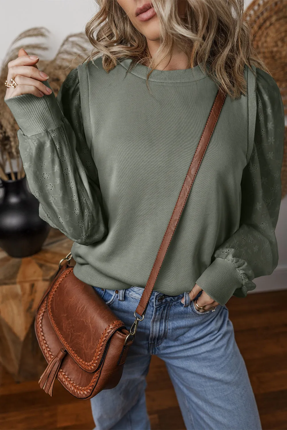 Wren Eyelet Round Neck Long Sleeve Pullover