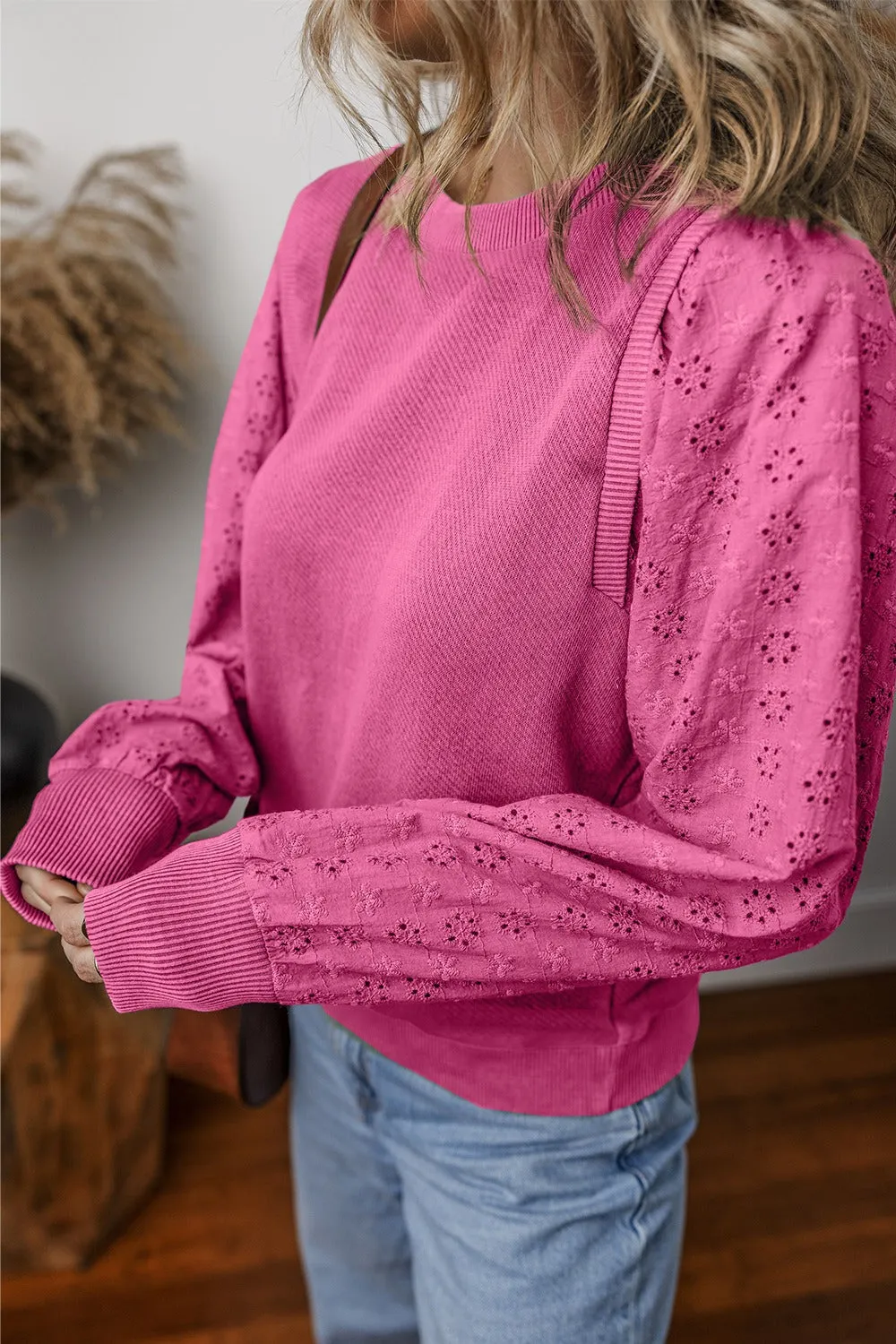 Wren Eyelet Round Neck Long Sleeve Pullover