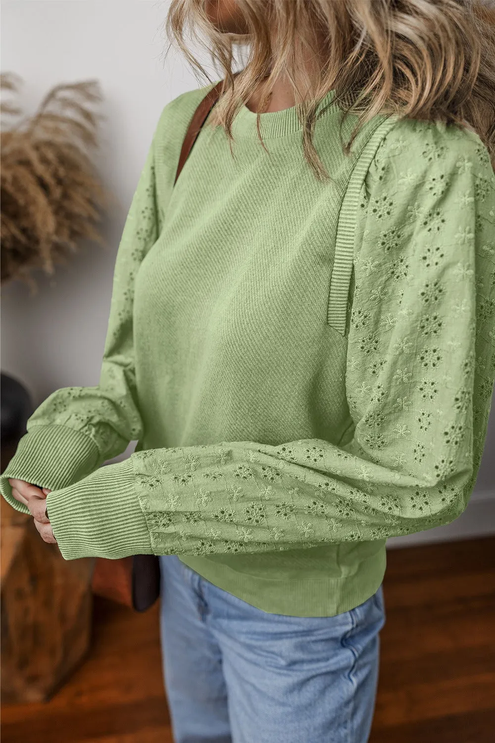 Wren Eyelet Round Neck Long Sleeve Pullover