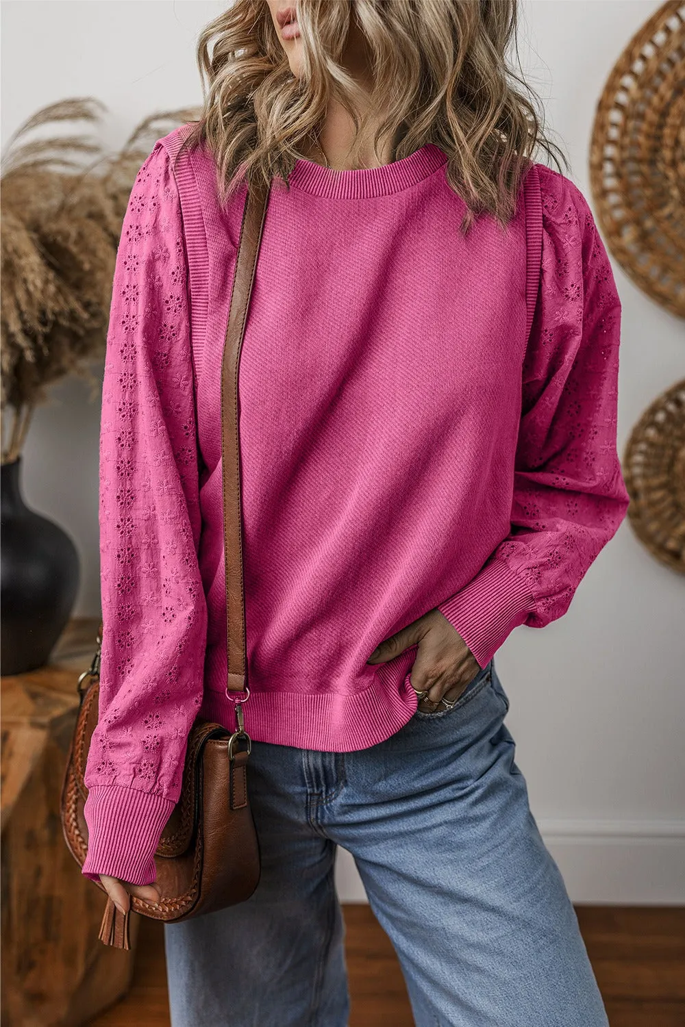 Wren Eyelet Round Neck Long Sleeve Pullover