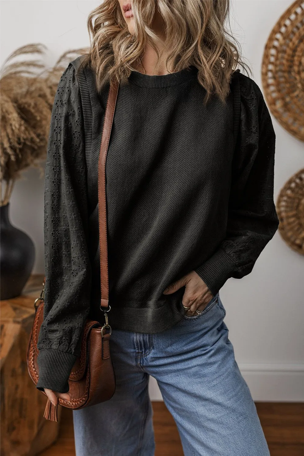 Wren Eyelet Round Neck Long Sleeve Pullover