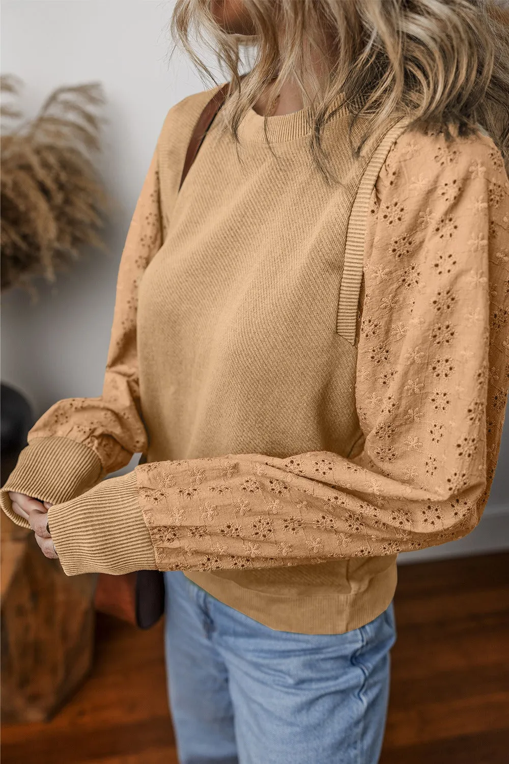 Wren Eyelet Round Neck Long Sleeve Pullover