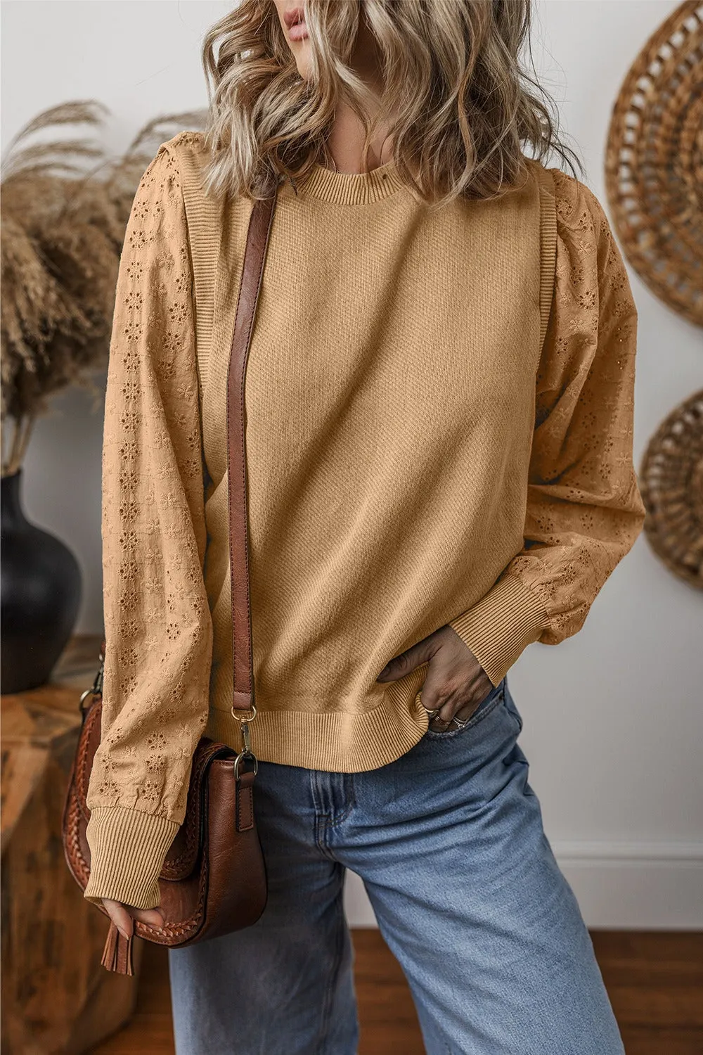 Wren Eyelet Round Neck Long Sleeve Pullover