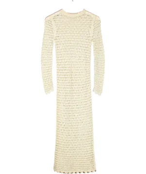 ZARA Beige Long Sleeve Crochet Midi Dress UK S