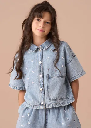 Zeta Blue Diamonte Short Sleeve Denim Shirt