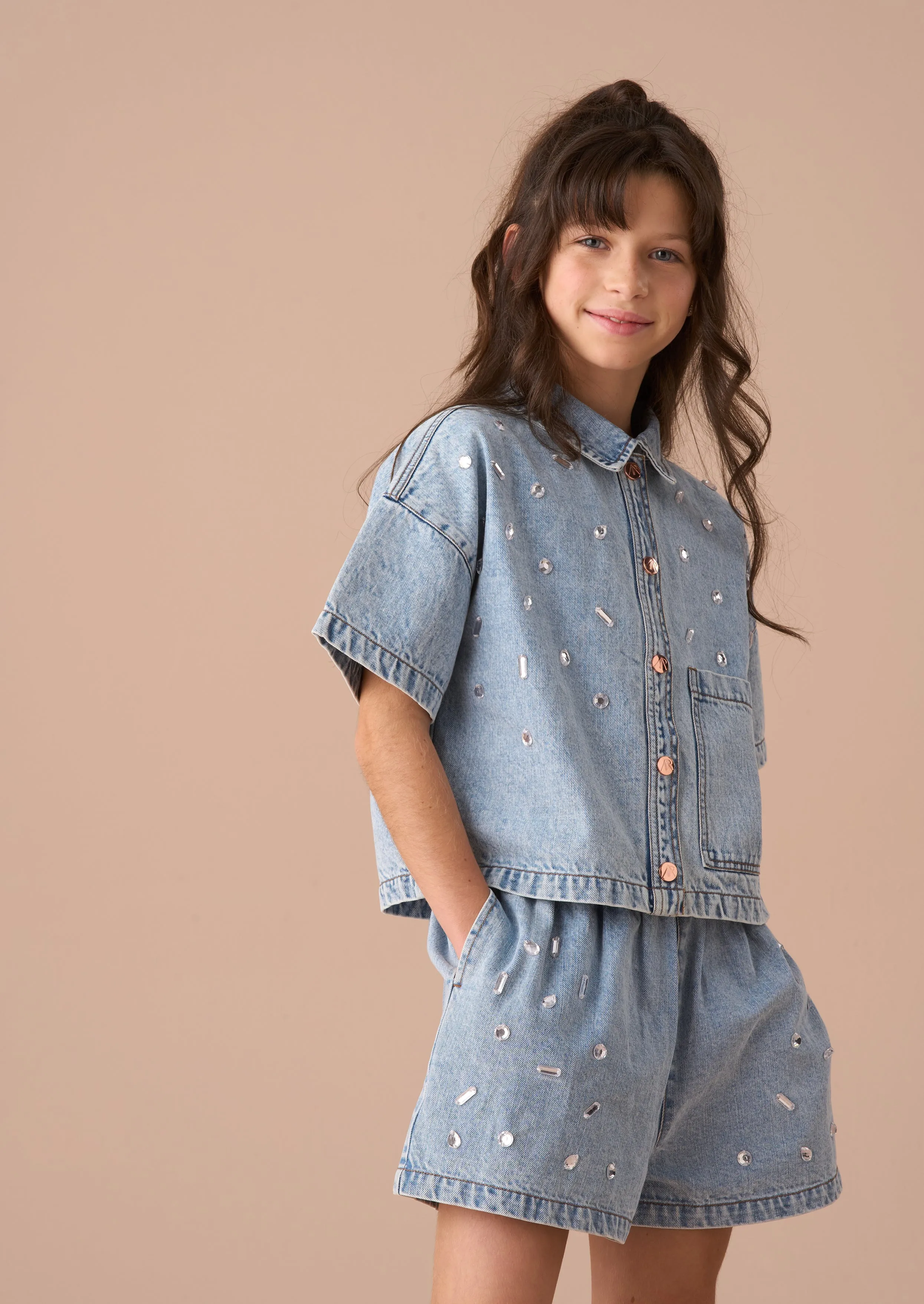Zeta Blue Diamonte Short Sleeve Denim Shirt